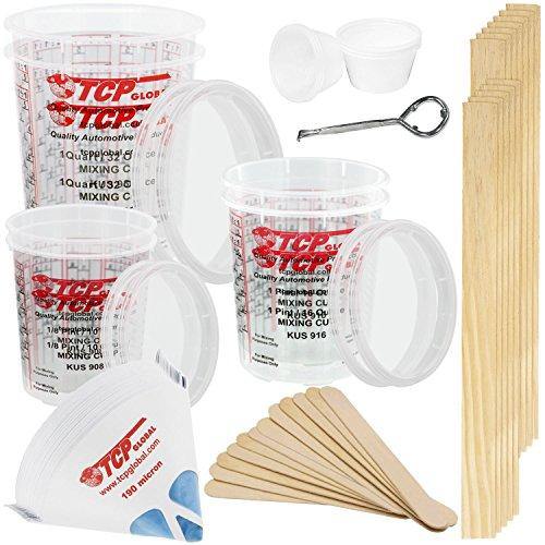 TCP GLOBAL Premium Paint Mixing Essentials Kit. Comes with 12 Mixing Cups,  6 Lids, 12 Wooden 12 Mixing Sticks, 12 Wooden Mini Mixing Paddles, 12 HQ