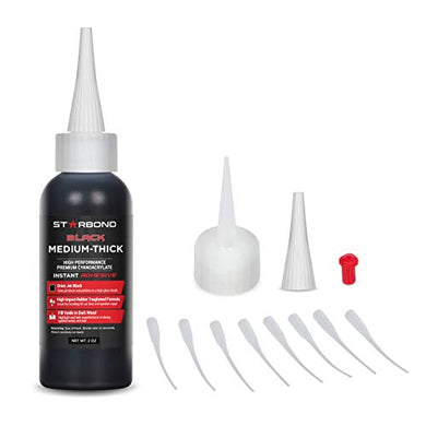 Starbond KBL-500 Black Medium Thick, Premium Rubber Toughened CA - Cyanoacrylate Adhesive Super Glue Plus Extra Cap and Microtips (for Woodworking, Filling Knots & Voids, RC Car Tires) (2 Ounce) - Resin Colors 
