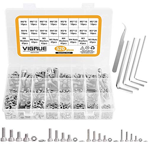 VIGRUE 304 Stainless Steel Screws and Nuts, M3 M4 M5 M6 Hex Socket Head Cap Screws Assortment Set Kit with Storage Box (520 Pcs Hex Socket Head Cap Screws Nuts)