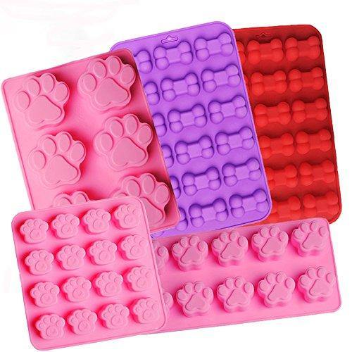 Food Grade Silicone Puppy Treat Molds, Shxmlf Dog Paw and Bone Molds, Non-stick Ice Cube Mold, Jelly, Biscuits, Chocolate, Candy, Cupcake Baking Mold, Safe for Oven Microwave Freezer Dishwasher-5 Pack - Resin Colors 