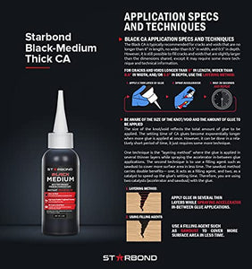 Starbond KBL-500 Black Medium Thick, Premium Rubber Toughened CA - Cyanoacrylate Adhesive Super Glue Plus Extra Cap and Microtips (for Woodworking, Filling Knots & Voids, RC Car Tires) (2 Ounce) - Resin Colors 